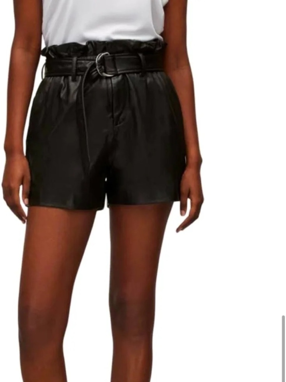 AllSaints Genuine Leather High-Waist Paperbag Shorts with D-Ring Belt